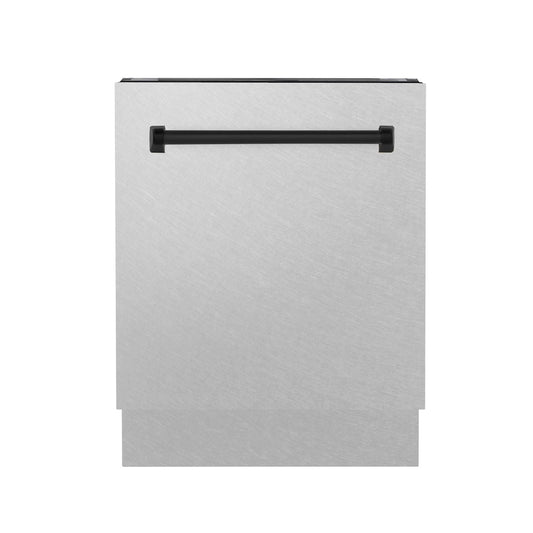 ZLINE Autograph Edition 24 in. Tallac Series 3rd Rack Top Control Built-In Tall Tub Dishwasher with Satin Stainless Steel Panel and Matte Black Handle, 51dBa (DWVZ-SN-24-MB) front, closed.