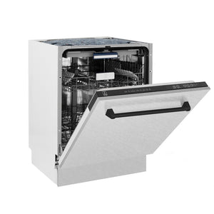 ZLINE Autograph Edition 24 in. Tallac Series 3rd Rack Top Control Built-In Tall Tub Dishwasher with Satin Stainless Steel Panel and Matte Black Handle, 51dBa (DWVZ-SN-24-MB) side, half open.