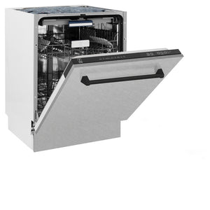 ZLINE Autograph Edition 24 in. Tallac Series 3rd Rack Top Control Built-In Tall Tub Dishwasher with Satin Stainless Steel Panel and Matte Black Handle, 51dBa (DWVZ-SN-24-MB) side, half open.