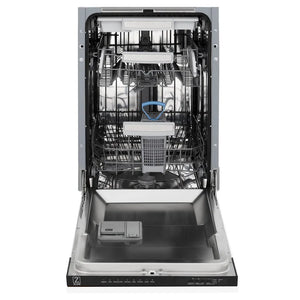ZLINE 18 in. Tallac Series 3rd Rack Top Control Dishwasher with White Matte Panel, 51dBa (DWV-WM-18) front, open.