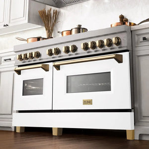 ZLINE Autograph Edition 60 in. 7.4 cu. ft. Legacy Dual Fuel Range with 9 Burner Gas Cooktop and 2 Electric Convection Ovens in Stainless Steel with White Matte Doors and Polished Gold Accents (RAZ-WM-60-G) in a luxury kitchen, from below.
