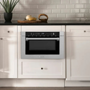 ZLINE 24 in. 1.2 cu. ft. Built-in Microwave Drawer with a Traditional Handle in Satin Stainless Steel (MWD-1-SS-H) in a modern farmhouse kitchen with white cabinets and black countertop.