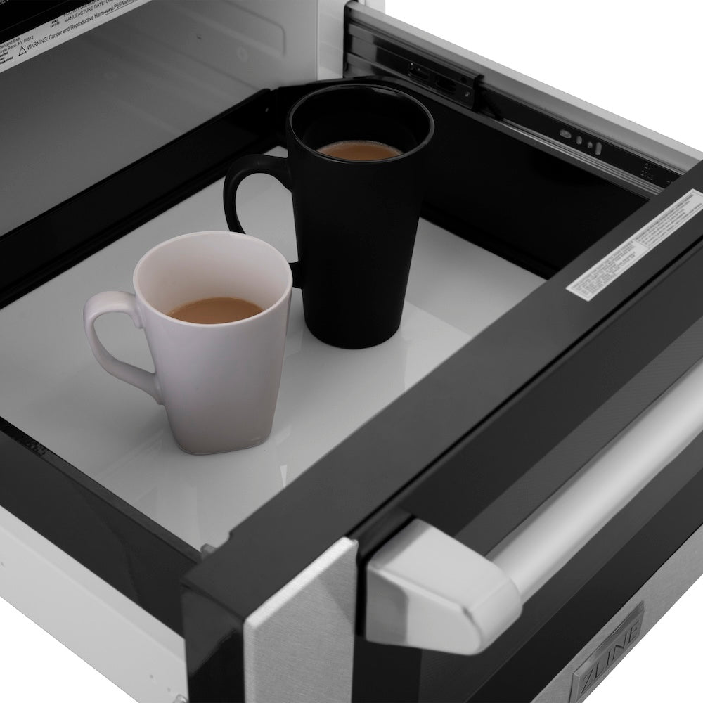 Two mugs of coffee inside a ZLINE 24 in. 1.2 cu. ft. Built-in Microwave Drawer with a Traditional Handle in Satin Stainless Steel (MWD-1-SS-H)