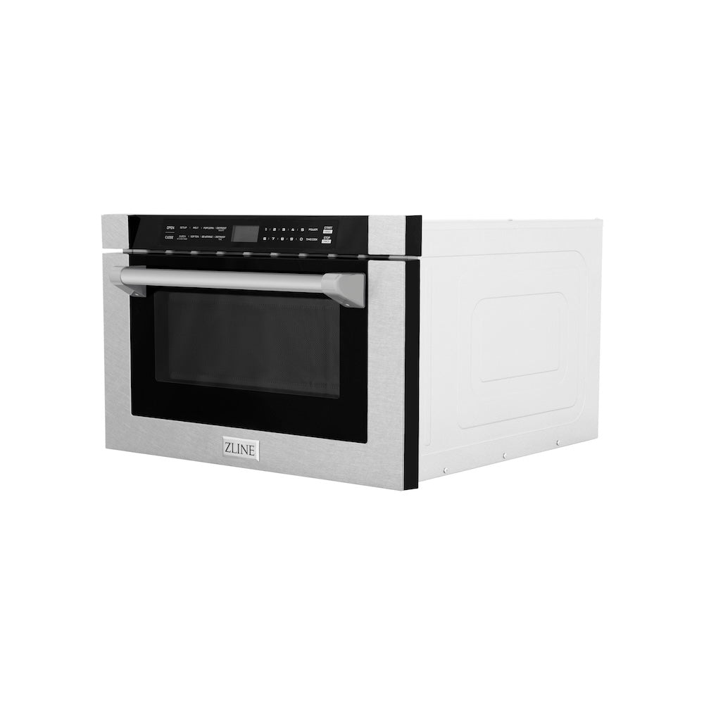 ZLINE 24 in. 1.2 cu. ft. Built-in Microwave Drawer with a Traditional Handle in Satin Stainless Steel (MWD-1-SS-H) side, closed.