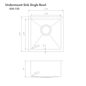 ZLINE Boreal 15 in. Undermount Single Bowl Scratch Resistant Stainless Steel Bar Kitchen Sink (SUS-15S) dimensional diagram.