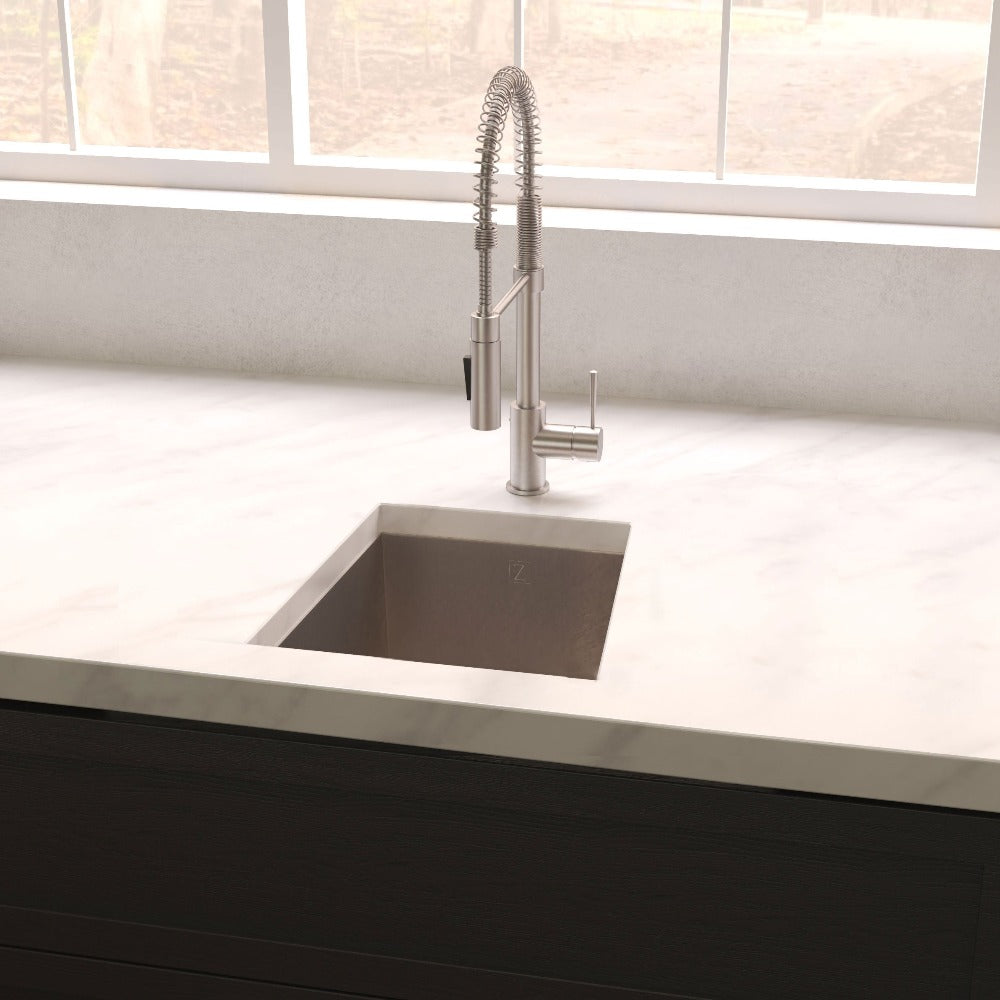 ZLINE Boreal 15 in. Undermount Single Bowl Scratch Resistant Stainless Steel Bar Kitchen Sink (SUS-15S) in a farmhouse-style kitchen, front.