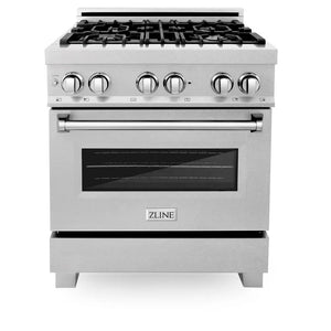 ZLINE 30 in. 4.0 cu. ft. Dual Fuel Range with Gas Stove and Electric Oven in All Fingerprint Resistant Satin Stainless Steel (RAS-SN-30) front, closed.