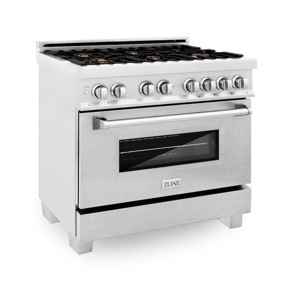ZLINE 36 in. 4.6 cu. ft. Legacy Dual Fuel Range with Gas Cooktop and Electric Convection Oven in Satin Stainless Steel with 6 Brass Burners (RAS-SN-BR-36) main image.