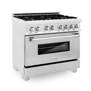 ZLINE 36 in. 4.6 cu. ft. Legacy Dual Fuel Range with Gas Cooktop and Electric Convection Oven in Satin Stainless Steel with 6 Brass Burners (RAS-SN-BR-36) main image.