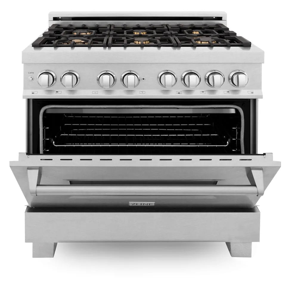 ZLINE 36 in. 4.6 cu. ft. Legacy Dual Fuel Range with Gas Cooktop and Electric Convection Oven in Satin Stainless Steel with 6 Brass Burners (RAS-SN-BR-36) front, oven half open.