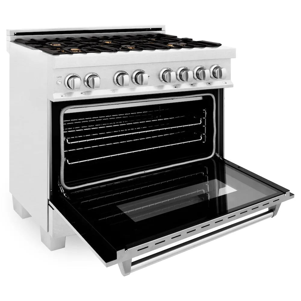 ZLINE 36 in. 4.6 cu. ft. Legacy Dual Fuel Range with Gas Cooktop and Electric Convection Oven in Satin Stainless Steel with 6 Brass Burners (RAS-SN-BR-36) side.