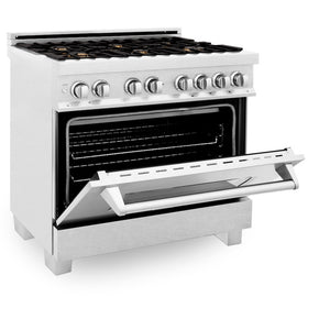 ZLINE 36 in. 4.6 cu. ft. Legacy Dual Fuel Range with Gas Cooktop and Electric Convection Oven in Satin Stainless Steel with 6 Brass Burners (RAS-SN-BR-36) side, oven half open.