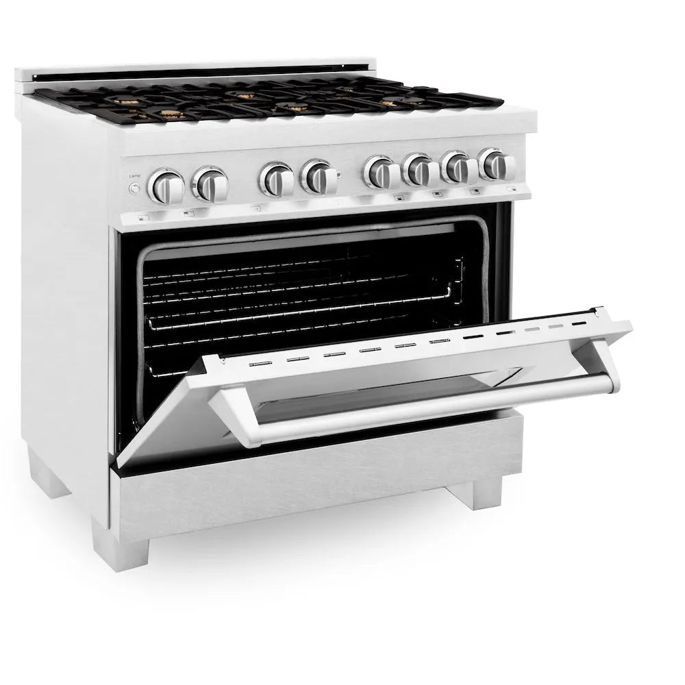 ZLINE 36 in. 4.6 cu. ft. Legacy Dual Fuel Range with Gas Cooktop and Electric Convection Oven in Satin Stainless Steel with 6 Brass Burners (RAS-SN-BR-36) side, oven half open.