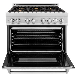 ZLINE 36 in. 4.6 cu. ft. Legacy Dual Fuel Range with Gas Cooktop and Electric Convection Oven in Satin Stainless Steel with 6 Brass Burners (RAS-SN-BR-36) front, oven open.