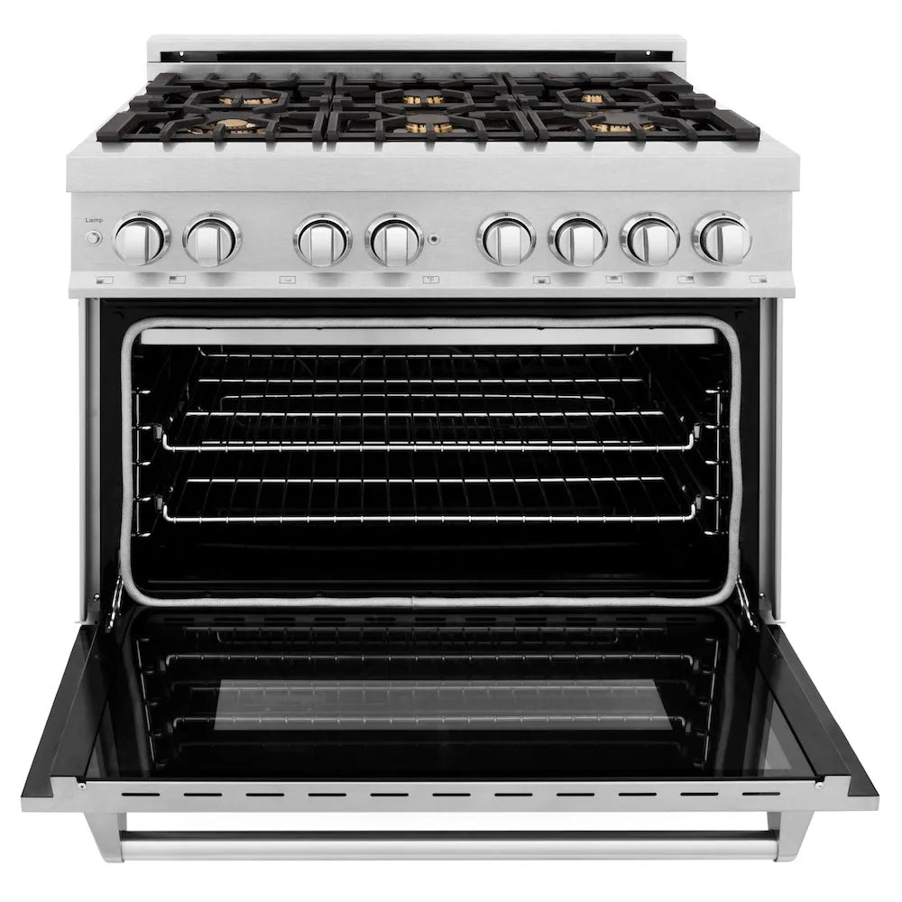 ZLINE 36 in. 4.6 cu. ft. Legacy Dual Fuel Range with Gas Cooktop and Electric Convection Oven in Satin Stainless Steel with 6 Brass Burners (RAS-SN-BR-36) front, oven open.