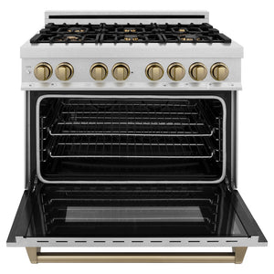 ZLINE Autograph Edition 36 in. 4.6 cu. ft. Legacy Dual Fuel Range with 6 Burner Gas Cooktop and Electric Convection Oven in Satin Stainless Steel and Champagne Bronze Accents (RASZ-SN-36-CB) front, oven open.
