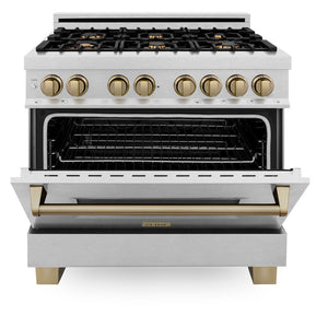ZLINE Autograph Edition 36 in. 4.6 cu. ft. Legacy Dual Fuel Range with 6 Burner Gas Cooktop and Electric Convection Oven in Satin Stainless Steel and Champagne Bronze Accents (RASZ-SN-36-CB) front, oven half open.