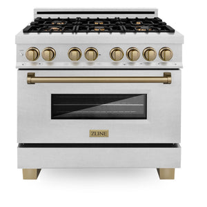 ZLINE Autograph Edition 36 in. 4.6 cu. ft. Legacy Dual Fuel Range with 6 Burner Gas Cooktop and Electric Convection Oven in Satin Stainless Steel and Champagne Bronze Accents (RASZ-SN-36-CB) front, oven closed.