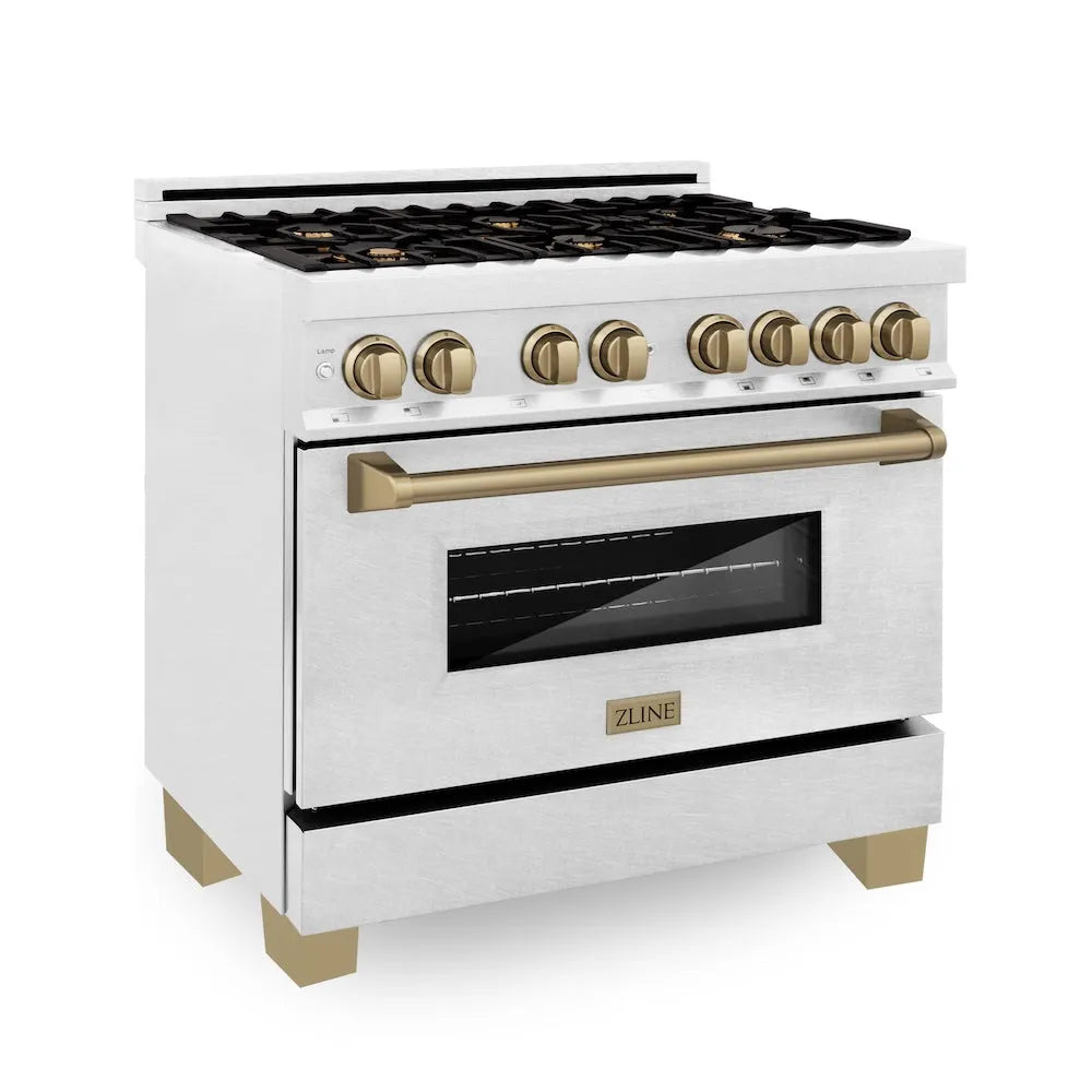 ZLINE Autograph Edition 36 in. 4.6 cu. ft. Legacy Dual Fuel Range with 6 Burner Gas Cooktop and Electric Convection Oven in Satin Stainless Steel and Champagne Bronze Accents (RASZ-SN-36-CB) main image.