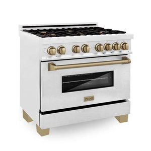 ZLINE Autograph Edition 36 in. 4.6 cu. ft. Legacy Dual Fuel Range with 6 Burner Gas Cooktop and Electric Convection Oven in Satin Stainless Steel and Champagne Bronze Accents (RASZ-SN-36-CB) main image.