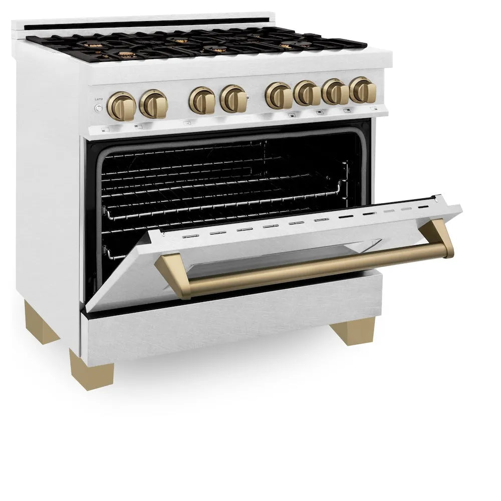 ZLINE Autograph Edition 36 in. 4.6 cu. ft. Legacy Dual Fuel Range with 6 Burner Gas Cooktop and Electric Convection Oven in Satin Stainless Steel and Champagne Bronze Accents (RASZ-SN-36-CB) side, oven half open.