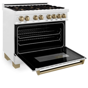 ZLINE Autograph Edition 36 in. 4.6 cu. ft. Legacy Dual Fuel Range with 6 Burner Gas Cooktop and Electric Convection Oven in Satin Stainless Steel and Champagne Bronze Accents (RASZ-SN-36-CB) side, oven open.