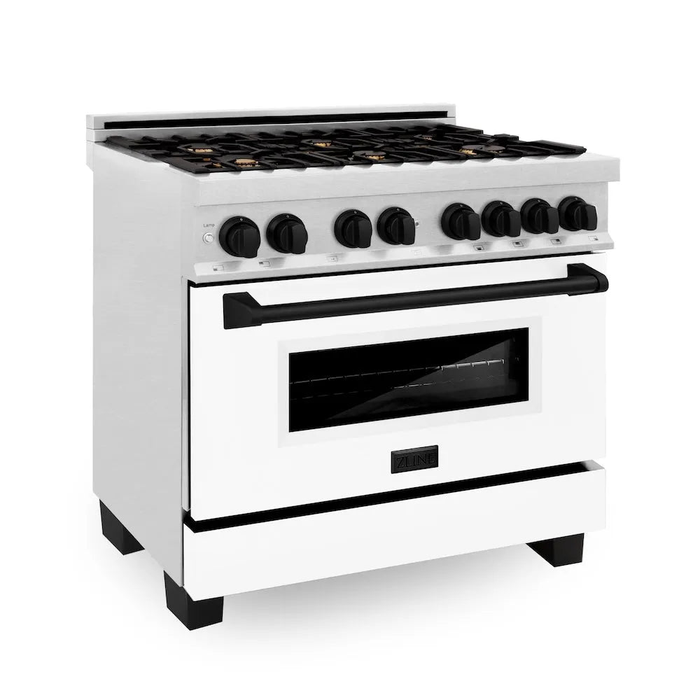 ZLINE Autograph Edition 36 in. 4.6 cu. ft. Legacy Dual Fuel Range with 6 Burner Gas Cooktop and Electric Convection Oven in Satin Stainless Steel with White Matte Door and Matte Black Accents (RASZ-WM-36-MB) main image.