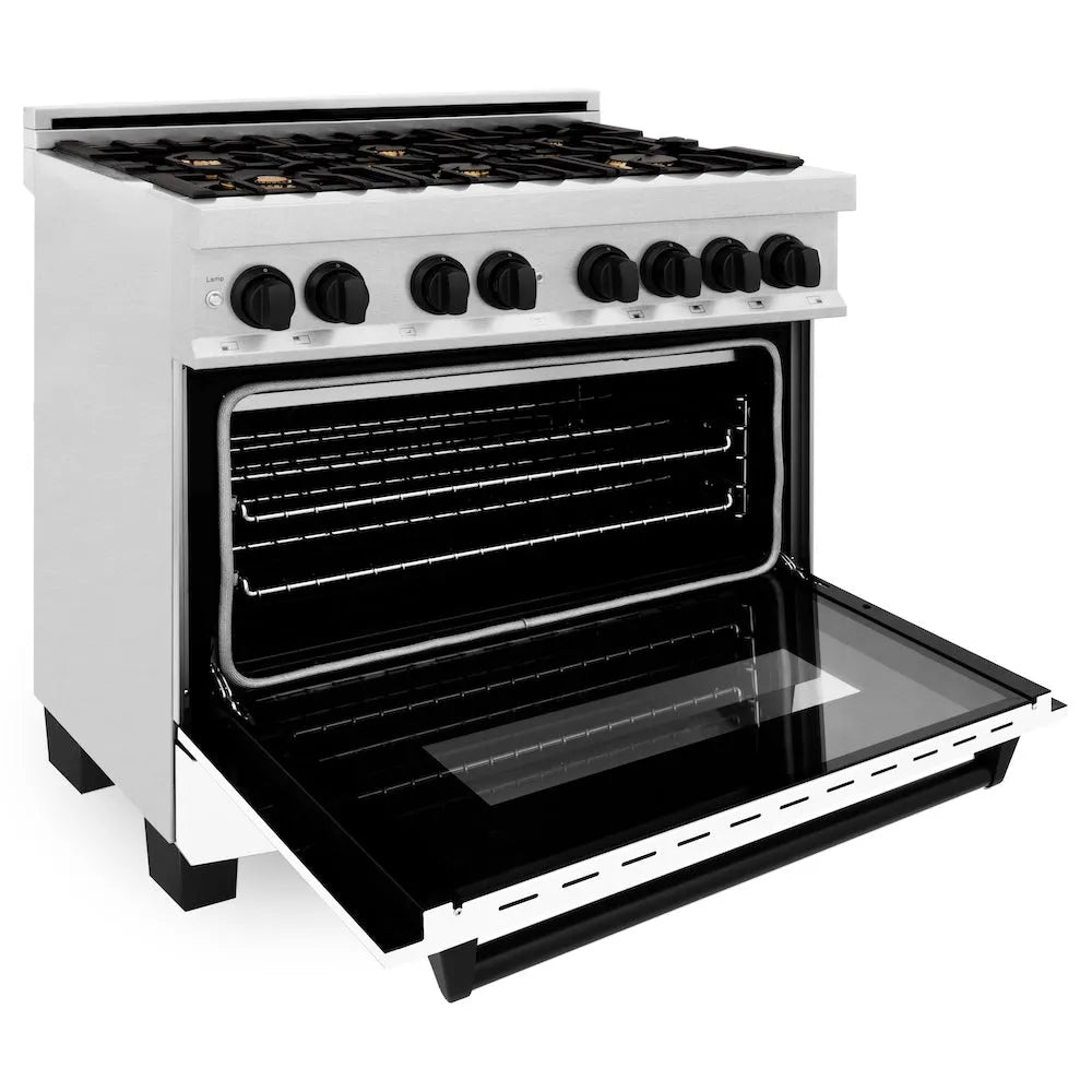 ZLINE Autograph Edition 36 in. 4.6 cu. ft. Legacy Dual Fuel Range with 6 Burner Gas Cooktop and Electric Convection Oven in Satin Stainless Steel with White Matte Door and Matte Black Accents (RASZ-WM-36-MB) side.
