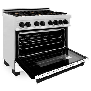 ZLINE Autograph Edition 36 in. 4.6 cu. ft. Legacy Dual Fuel Range with 6 Burner Gas Cooktop and Electric Convection Oven in Satin Stainless Steel with White Matte Door and Matte Black Accents (RASZ-WM-36-MB) side.