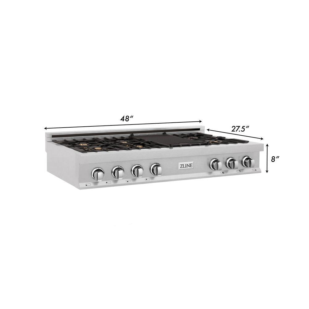 ZLINE 48 in. Legacy Gas Rangetop with 6 Brass Burners and Porcelain Cooktop in Satin Stainless Steel (RTS-BR-48) dimensional diagram.