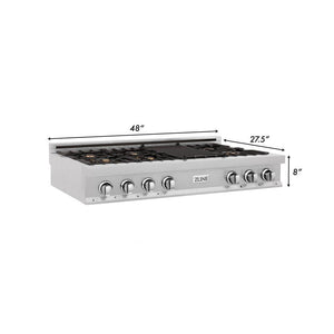 ZLINE 48 in. Legacy Gas Rangetop with 6 Brass Burners and Porcelain Cooktop in Satin Stainless Steel (RTS-BR-48) dimensional diagram.