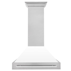 ZLINE 36 in. Satin Stainless Steel Wall Mount Range Hood with White Matte Shell and Stainless Steel Handle (8654SNX-WM-36) front.