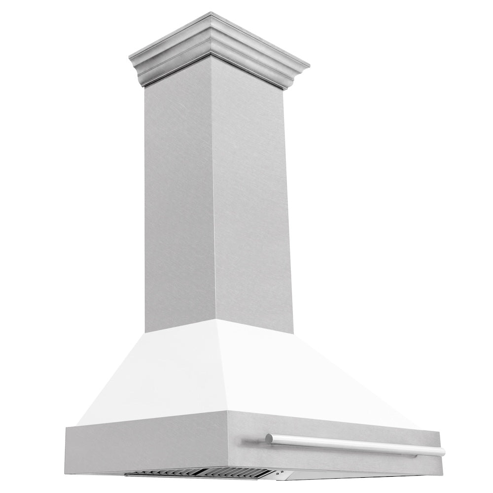 ZLINE 36 in. Satin Stainless Steel Wall Mount Range Hood with White Matte Shell and Stainless Steel Handle (8654SNX-WM-36)