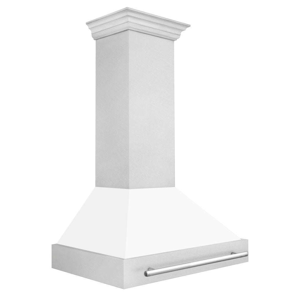 ZLINE 36 in. Satin Stainless Steel Wall Mount Range Hood with White Matte Shell and Stainless Steel Handle (8654SNX-WM-36) side.