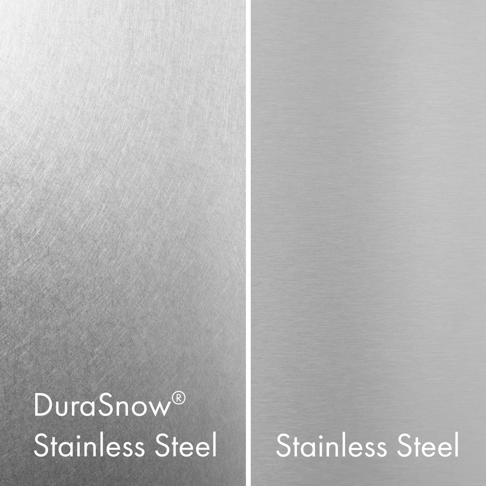 ZLINE DuraSnow® Stainless Steel (left) compared with Standard Stainless Steel (right).