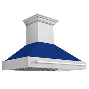 ZLINE 48 in. Satin Stainless Steel Wall Mount Range Hood with Blue Gloss Shell and Stainless Steel Handle (8654SNX-BG48)