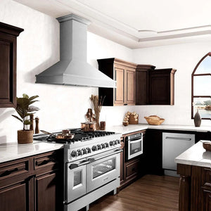 ZLINE 30 in. Designer Series Ducted Wall Mount Range Hood in Satin Stainless Steel (8656S-30) in a luxury kitchen.