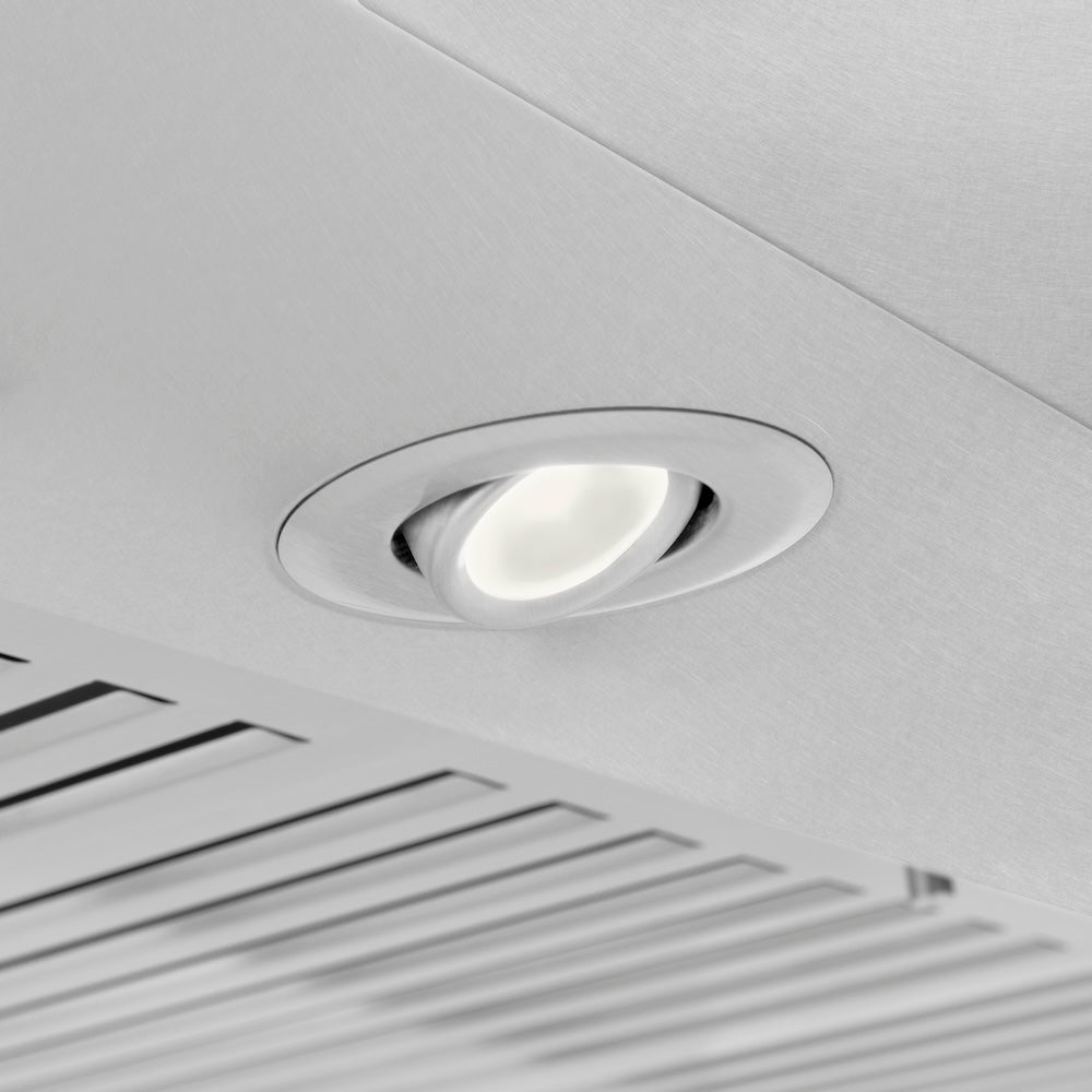 ZLINE 48 in. Ducted Wall Mount Range Hood in Satin Stainless Steel (8KF2S-48) built-in lighting.