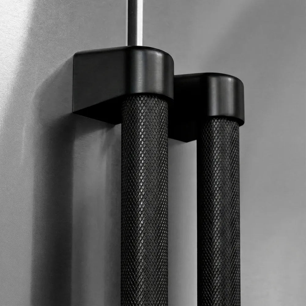 ZLINE 36 in. Freestanding French Door Refrigerator Helix Handles (Set of 4) in Black Stainless Steel (RFMHZ-36-K-BS) on appliance showing diamond knurled details.