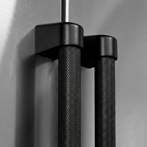 ZLINE 36 in. Freestanding French Door Refrigerator Helix Handles (Set of 4) in Black Stainless Steel (RFMHZ-36-K-BS) on appliance showing diamond knurled details.