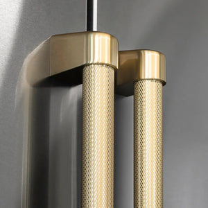 ZLINE Autograph Edition 36 in. Freestanding French Door Refrigerator Helix Handles (Set of 4) in Champagne Bronze (RFMHZ-36-K-CB) on appliance showing diamond knurled details.