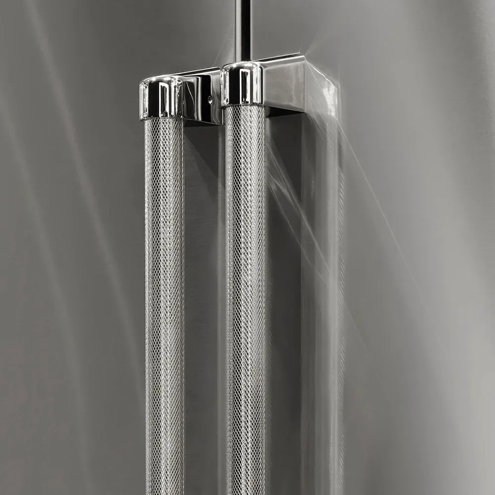 ZLINE Autograph Edition 36 in. Freestanding French Door Refrigerator Helix Handles (Set of 4) in Polished Nickel (RFMHZ-36-K-PN) on appliance showing diamond knurled details.