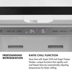 Freestanding Refrigeration Infographic. Image: Refrigerator control panel and digital display. Text: Rapid Chill Function. Save time with Super Chill and Super Freeze Modes–unique functions that rapidly cool and freeze items by automatically adjusting temperatures for faster chilling.