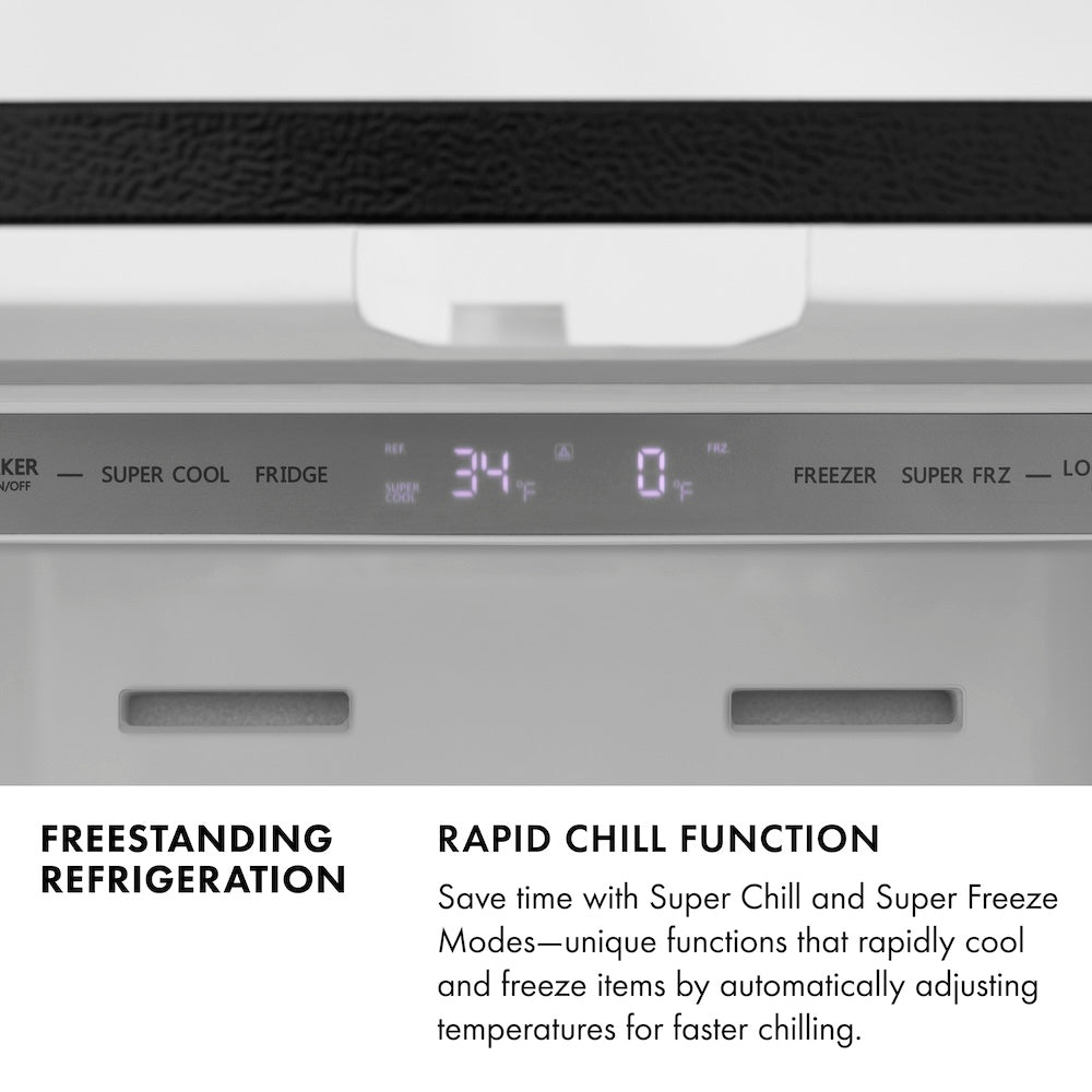 Freestanding Refrigeration Infographic. Image: Refrigerator control panel and digital display. Text: Rapid Chill Function. Save time with Super Chill and Super Freeze Modes–unique functions that rapidly cool and freeze items by automatically adjusting temperatures for faster chilling.