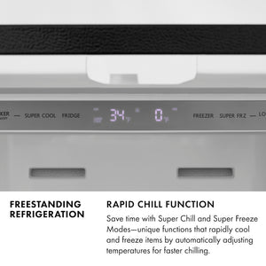Freestanding Refrigeration Infographic. Image: Refrigerator control panel and digital display. Text: Rapid Chill Function. Save time with Super Chill and Super Freeze Modes–unique functions that rapidly cool and freeze items by automatically adjusting temperatures for faster chilling.