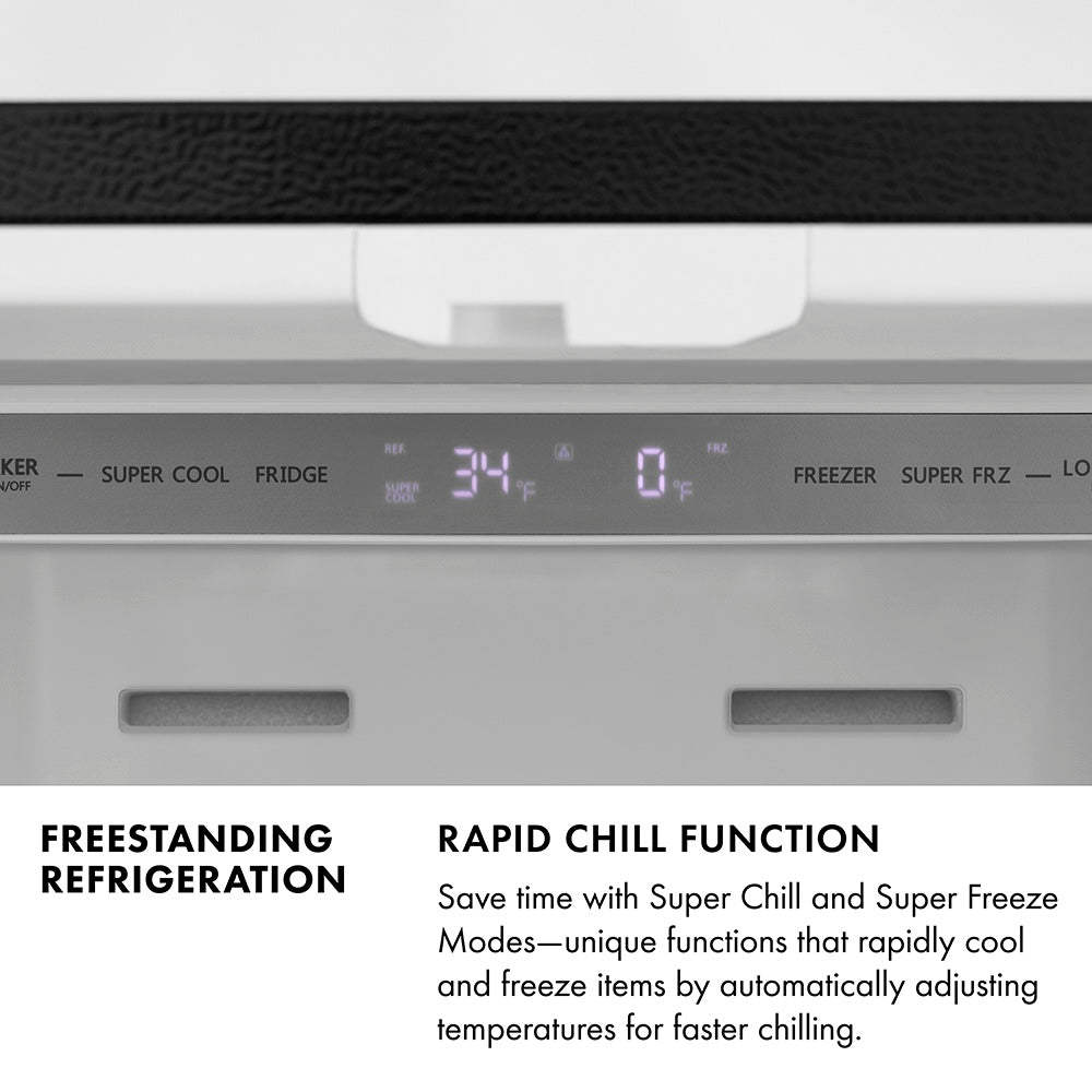 Freestanding Refrigeration Infographic. Image: Refrigerator control panel and digital display. Text: Rapid Chill Function. Save time with Super Chill and Super Freeze Modes–unique functions that rapidly cool and freeze items by automatically adjusting temperatures for faster chilling.