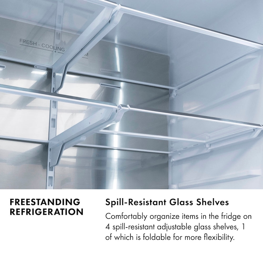 Freestanding Refrigeration Infographic. Image: Spill-resistant glass shelves inside refrigeration compartment. Text: Spill-Resistant Glass Shelves. Comfortably organize items in the fridge on 4 spill-resistant adjustable glass shelves.