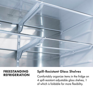 Freestanding Refrigeration Infographic. Image: Spill-resistant glass shelves inside refrigeration compartment. Text: Spill-Resistant Glass Shelves. Comfortably organize items in the fridge on 4 spill-resistant adjustable glass shelves.
