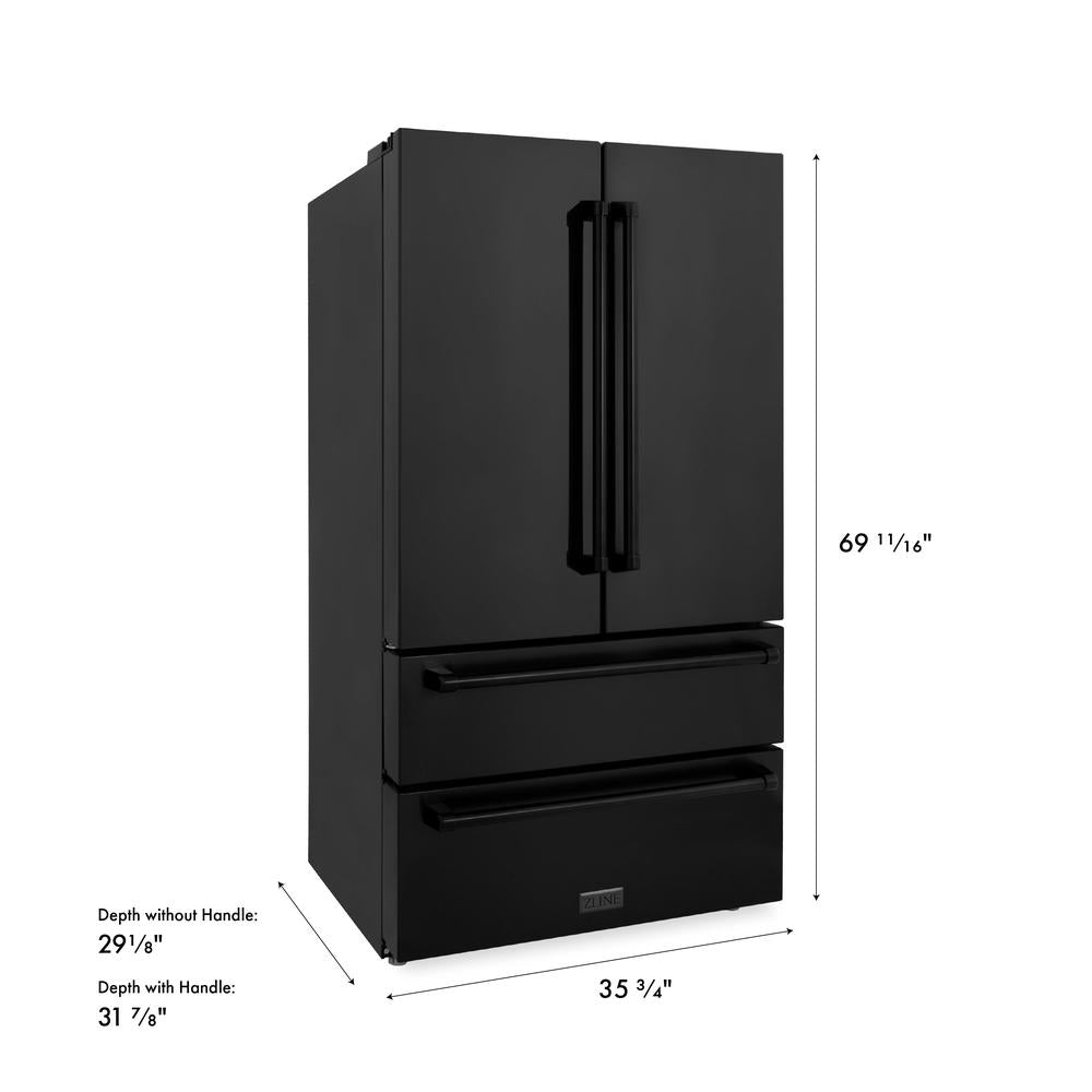 ZLINE 36 in. 22.5 cu. ft. Counter-Depth French Door Refrigerator with Ice Maker in Fingerprint-Resistant Black Stainless Steel (RFM-36-BS) dimensional diagram.