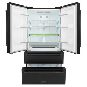 ZLINE 36 in. 22.5 cu. ft. Counter-Depth French Door Refrigerator with Ice Maker in Fingerprint-Resistant Black Stainless Steel (RFM-36-BS) front, refrigeration compartment and bottom freezer drawers open.